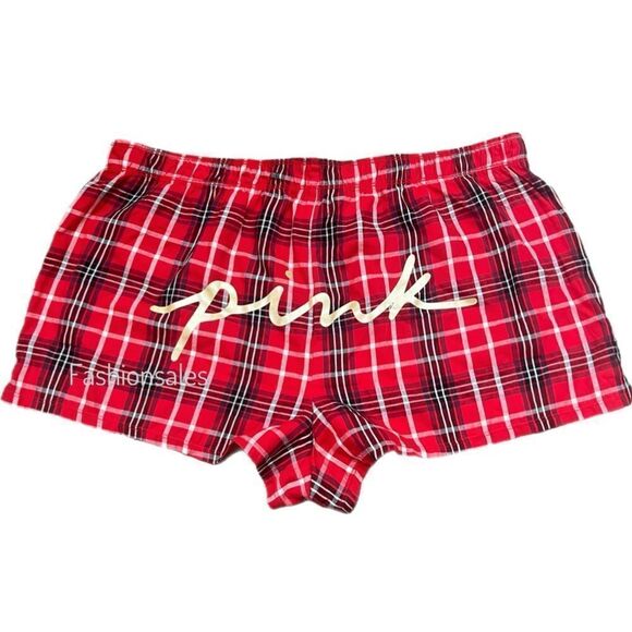 Victoria’s Secret Pink Flannel red plaid pajama shorts Pink Script Logo XXL - Picture 1 of 2